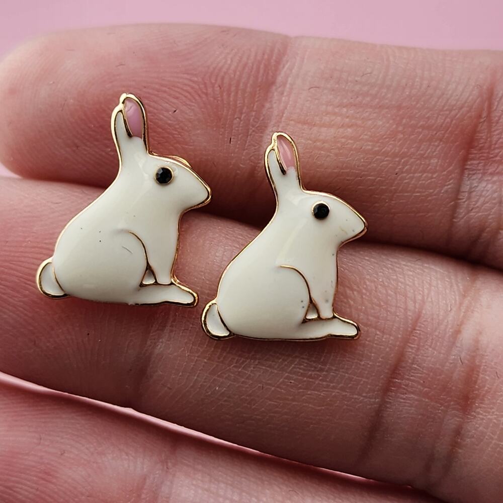 White Bunny Rabbit Enamel Stud Earrings Gold Tone Easter Animal Cute